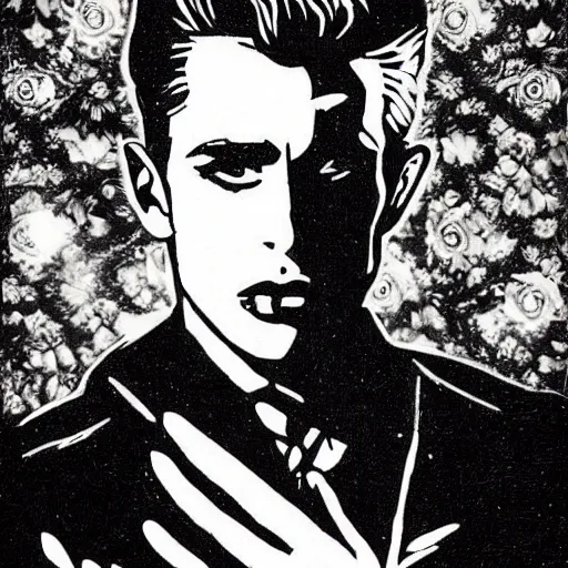 Prompt: black and white pen and ink!!!! Twin Peaks Black Lodge goetic vampire James Dean x David Bowie handsome beard golden!!!! Vagabond!!!! floating magic swordsman!!!! glides through a beautiful!!!!!!! floral!! battlefield dramatic esoteric!!!!!! pen and ink!!!!! illustrated in high detail!!!!!!!! by Moebius and Hiroya Oku!!!!!!!!! graphic novel published on 2049 award winning!!!! full body portrait!!!!! action exposition manga panel black and white Shonen Jump issue by David Lynch eraserhead and beautiful line art Hirohiko Araki!!