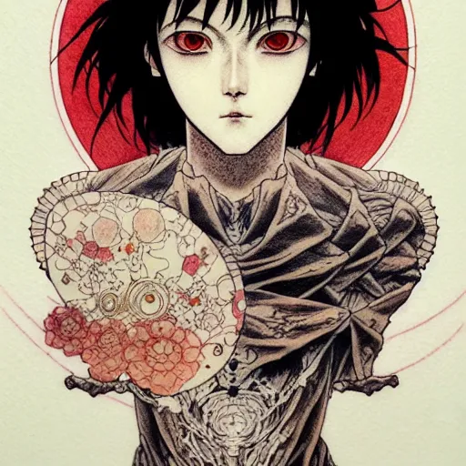 Image similar to prompt: Fragile looking character soft light portrait face drawn by Takato Yamamoto and Katsuhiro Otomo, tattooed face, inspired by Akira 1988 anime, alchemical objects on the side, soft light, intricate detail, intricate gouache painting detail, sharp high detail, manga and anime 2010