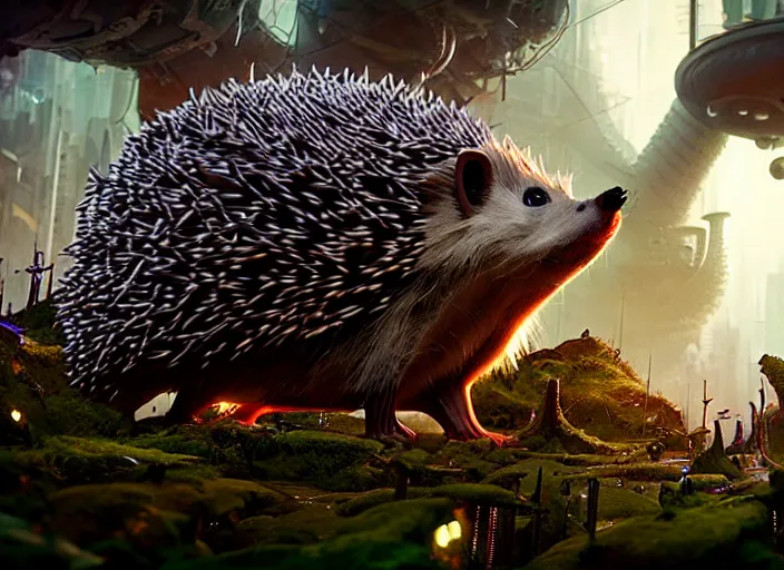 Image similar to giants mechanical hedgehog on the background of a weird magical mechanical forest. Very detailed 8k. Fantasy cyberpunk horror. Sharp. Cinematic post-processing. Unreal engine. Nanite. Ray tracing. Parallax. Tessellation