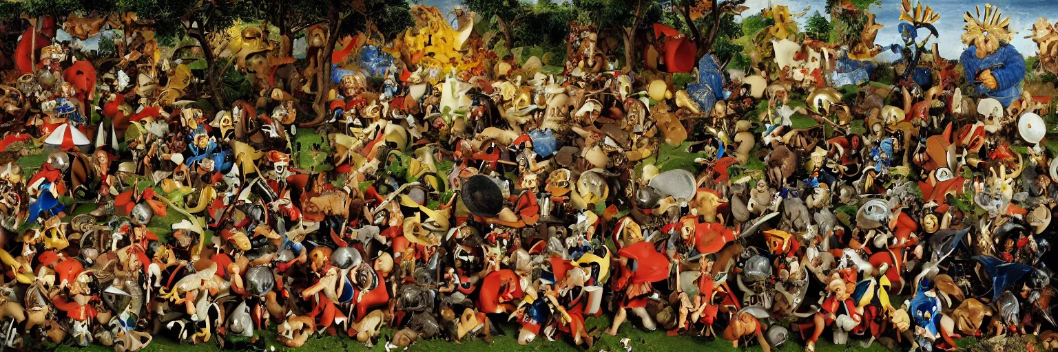 Image similar to Asterix and Obelix in the Garden of Earthly Delights. highly detailed, helmets, faces, studio lighting