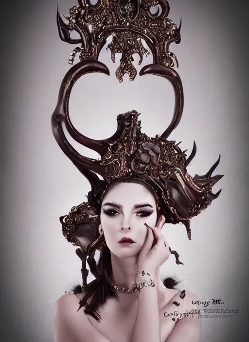 Image similar to a portrait of female by candy makeup, photorealistic, intricate details, hyper realistic, fantasy, elegant, baroque, horn, ram skull headpiece, photorealistic, photography, symmetrical features, symmetrical pose, wide angle shot, feet on the ground, wearable art, unreal engine