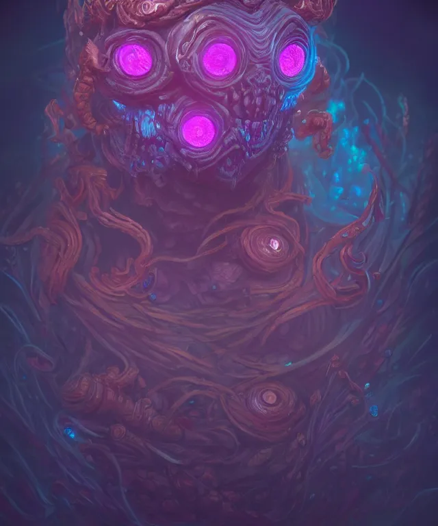 Image similar to a xanathar made of bioluminescence slimy skin, fantasy, elegant, crisp 8 k line art, digital painting, artstation, unreal engine, octane render, emissive lighting, concept art, matte, sharp focus, hyper realistic lighting, illustration, deep royal blue and pink color scheme, art by koyoharu gotouge