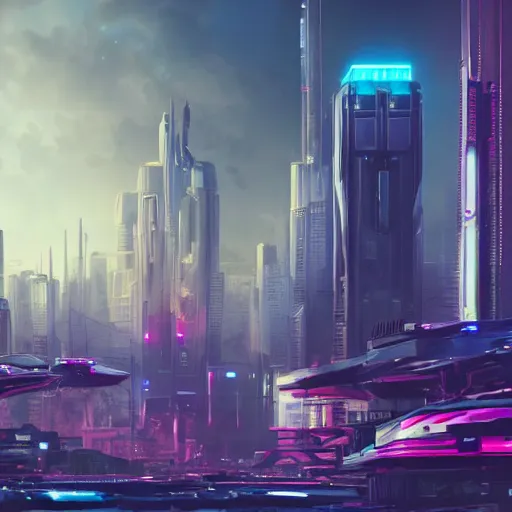 Prompt: futuristic City, robots, droids, aliens, cyberpunk, synthwave, realistic, hyper detailed, concept art, wide lens, smog, lightening, wide-screen