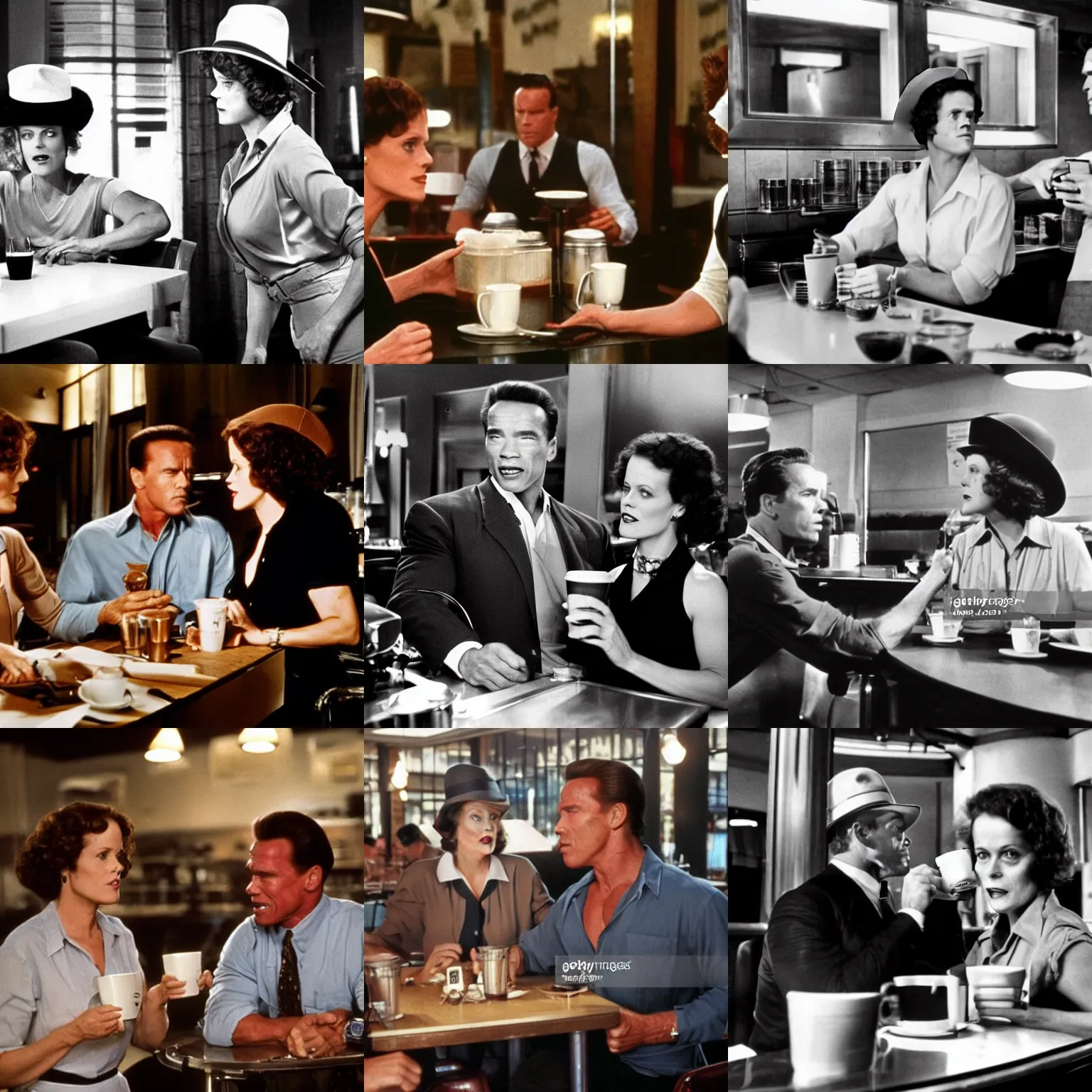 Prompt: arnold schwarzenegger as visitor in hat and shirt drink coffee, sigourney weaver as waitress on background, screen short from mafia 2, 1 9 3 0 style, diner caffee