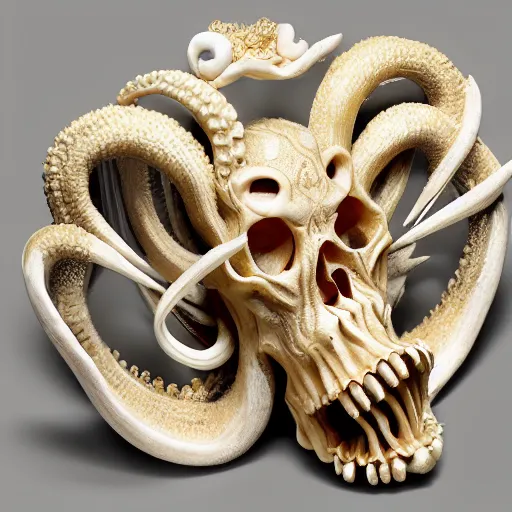 Image similar to an intricately detailed carving in an human - octopus skull, rococo ornate bone and ivory sculpted skull with teeth and tentacles, horror, artifact, micro detailed, inscribed with occult symbols, otherworldly