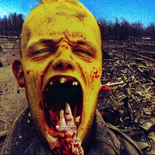 Image similar to selfie of a ukrainian screaming in pain and terrible injuries from a nuclear explosion, everything is on fire and radiation, in the background there are a lot of people like zombies, corpses and skeletons, a large nuclear explosion in the background, people are painted in yellow - blue cheers, all dirty with severed limbs, bad day