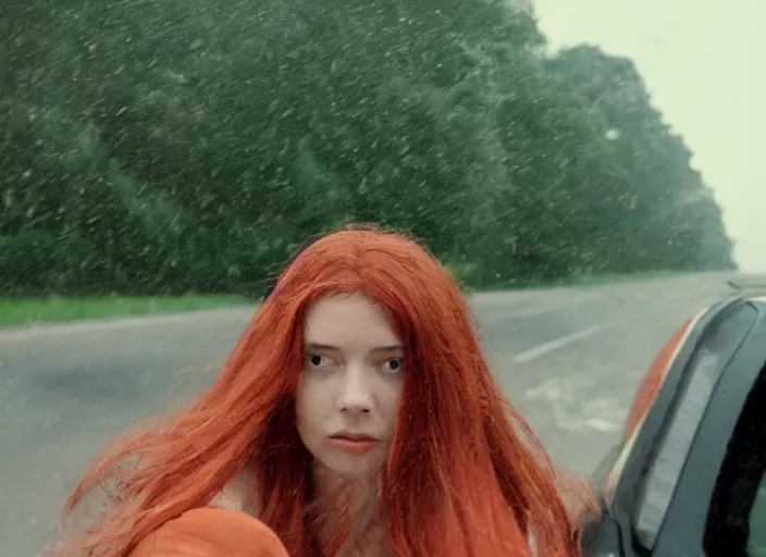 Image similar to A very high resolution image from a new movie, landscape from a car window , teen red hair woman, raining, hot, directed by wes anderson