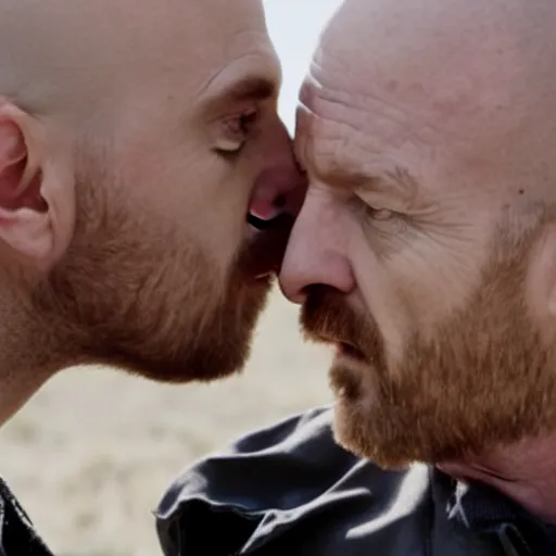 Prompt: a still from breaking bad of Jesse Pinkman kissing Walter White, close-up, highly detailed skin