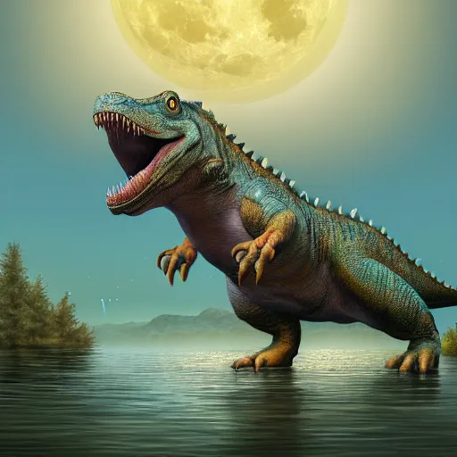 Prompt: cute dino in lake under big full moon, by Slavko Kahovsky, sharp focus, highly detailed, ArtStation