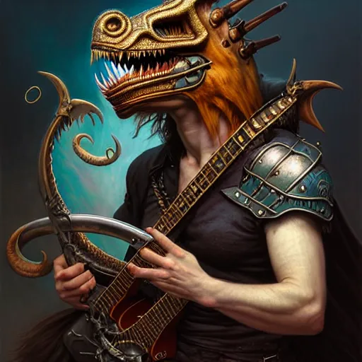 Image similar to portrait painting of a punk dragonborn bard with drumsticks, ultra realistic, concept art, intricate details, eerie, highly detailed, photorealistic, octane render, 8 k, unreal engine. art by artgerm and greg rutkowski and charlie bowater and magali villeneuve and alphonse mucha