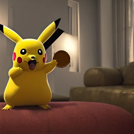 Image similar to Pikachu taking a bong rip on the couch, unreal engine 5, octane render, cgsociety, living room interior, soft lighting, ray tracing,