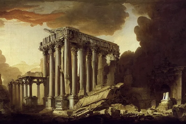 Prompt: starship painting spaceship crashed into rome temple by hubert robert detailed