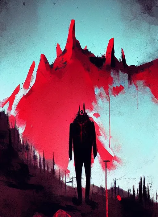 Image similar to horror art, minimalist demon, red peaks in the background, art by ismail inceoglu