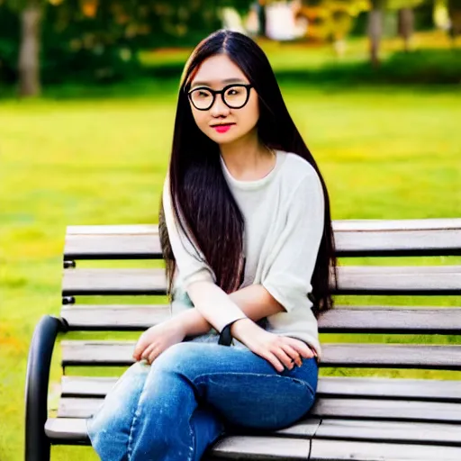 Prompt: portrait of a beautiful and cute round faced long haired asian girl with round glasses sitting on a bench in a park