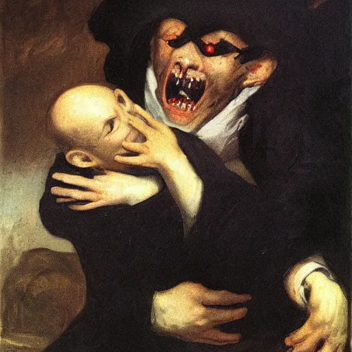 Prompt: the nostalgia critic devouring his son, painting by francisco goya