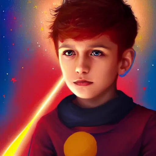 Image similar to colorful and festive captivating young child boy, brown fluffy hair, wearing red and yellow hero suit, shooting a crescent moon out of his fist. full body, rich vivid colors, ambient lighting, dynamic lighting, 4 k, atmospheric lighting, painted, intricate, highly detailed by charlie bowater