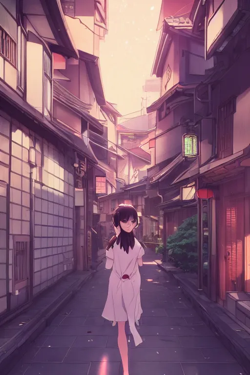 Prompt: a beautiful girl with dark hair walking down a japanese style street, ambient lighting, dynamic lighting, 4k, official media, anime key visual, makoto shinkai, ilya kuvshinov, rossdraws, detailed, trending on artstation