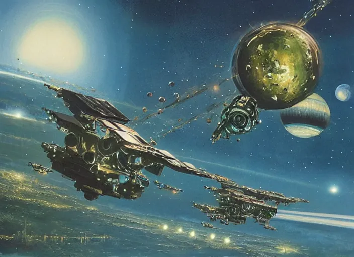 Prompt: orbital, cinematic matte painting, peter elson, chris foss, john berkey, terran trade authority