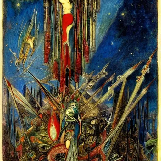 Image similar to by gustave moreau, by wifredo lam unnerving, comforting. a beautiful illustration of a space battle with wild, bright colors.