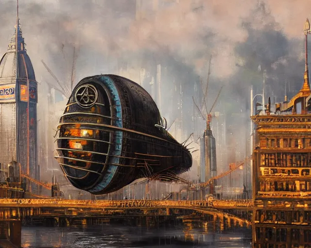 Image similar to oil painting of a big steampunk zeppelin over cyberpunk london, futuristic watchtower, view from far away, dark vibes, very serous painting, majestice masterpiece, tonalism