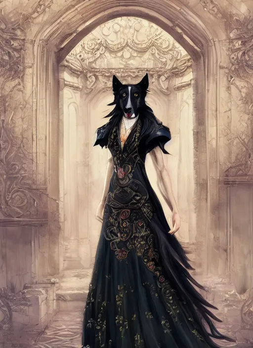 Image similar to wide angle beautiful full body portrait of a strong male anthropomorphic anthro border collie fursona wearing an ornate black dress and standing in a courtyard, character design by charlie bowater, henry asencio, and ross tran, furry art, furaffinity, beautiful, glamor pose, detailed, aesthetic, trending on artstation