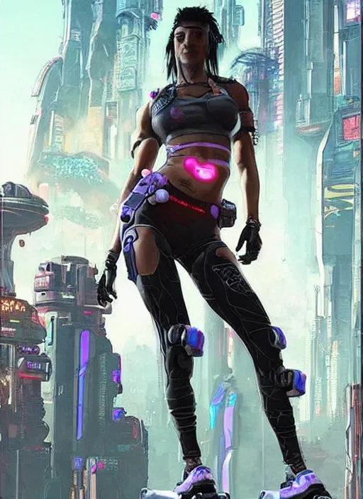 Image similar to apex legends cyberpunk fitness babe. concept art by james gurney and mœbius. gorgeous face, cinematic, dramatic lighting ( cyberpunk 2 0 7 7 ), clean aesthetic