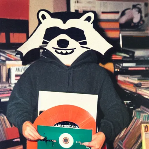 Image similar to medium shot, photo of a person in a detailed hyperrealistic raccoon mask, wearing a dark green hoodie, holding a pile of vinyl records, 8 0 - s, polaroid photo, by warhol,