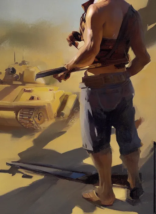 Image similar to greg manchess portrait of a filipino man holding a blade standing in front of a tank, asymmetrical, profile picture, organic painting, sunny day, matte painting, bold shapes, hard edges, street art, trending on artstation, by huang guangjian, gil elvgren, ruan jia, randy vargas, greg rutkowski