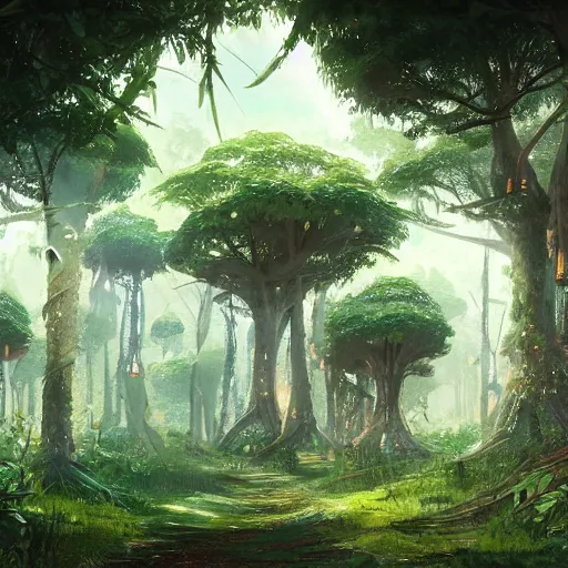 Image similar to concept art painting of a forest with treehouses made of trees and roots, treehouses inside trees, vines, deep forest, realistic, detailed, cel shaded, in the style of makoto shinkai and greg rutkowski and james gurney