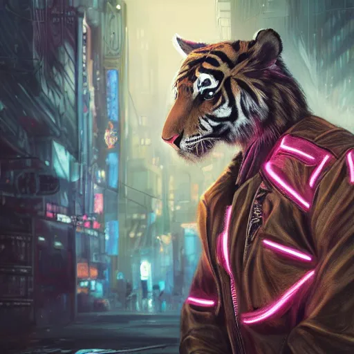 Prompt: a beautfiul award winning commission portrait of an anthro tiger in the neon cyberpunk city at night,wearing a leather jacket,glow effect,detailed face,photorealistic,character design by charles bowater,ross tran,deviantart,artstation,digital art,hyperdetailed,realistoc,western comic style,vfx,dramatic,fantasy,dream-like