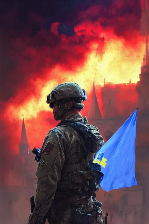 Image similar to special forces soldier with ukrainian blue and yellow flag watching red square burn, masculine figure, d & d, fantasy, bright atmosphere, volumetric lights, intricate, elegant, extremely detailed, digital painting, artstation, concept art, matte, smooth, sharp focus, hyper realistic, illustration, art by artgerm and greg rutkowski and alphonse mucha