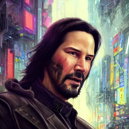 Image similar to closeup of Keanu Reeves in a cyberpunk city, film still, D&D, fantasy, intricate, elegant, highly detailed, digital painting, artstation, concept art, matte, sharp focus, illustration, hearthstone, art by Artgerm and Greg Rutkowski and Alphonse Mucha