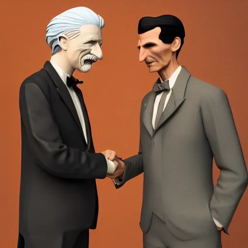 Prompt: 3d render of Albert Einstein and Nikola Tesla handshaking, digital art, unreal engine 5, trending on artstation, movie shot, cinematic perspective, studio shot, Vibrant colors, Smooth gradients
