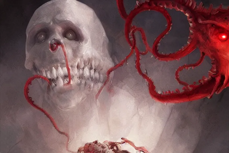 Image similar to painting by greg rutkowski of a flying crying human head and face that is chalk white in color, with tentacles coming of the neck, fiery red eyes, flying in a terrying hell like cavernous place