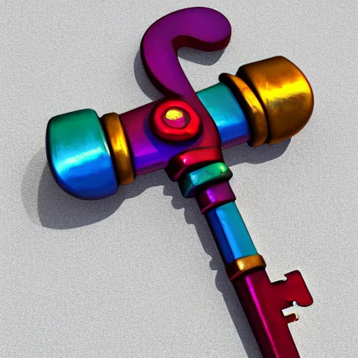 Image similar to a stylised old colorful metal key, key is on the center, key has small precious diamond in it, rpg game inventory item, rim light, outer glow, on the white background, high poly vray, stylised textures, trending on artstation
