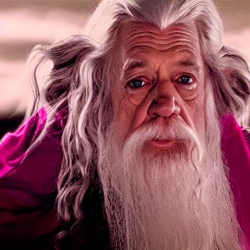 Prompt: portrait of gandalf the pink, pink bowtie in his hair, holding a blank playing card up to the camera, movie still from the lord of the rings