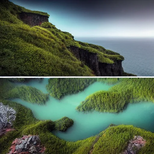 Prompt: beautiful photograph of a lush natural scene on an alien planet featured in sony world photography awards 2 0 3 0. 4 k, high definition. extremely detailed. beautiful landscape. weird vegetation. cliffs and water.