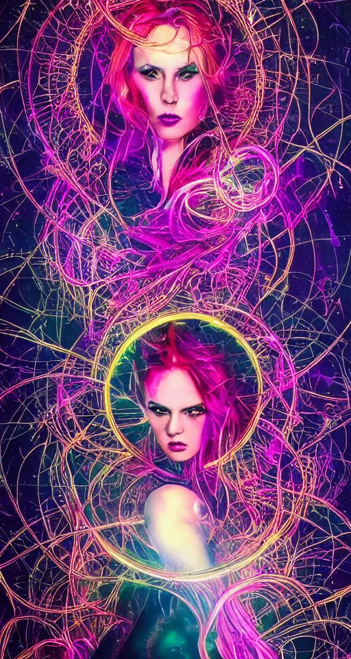 Prompt: she dreams of arcs of purple flame intertwined with glowing sparks, glinting particles of ice, dramatic lighting, steampunk, bright neon, secret holographic cyphers, red flowers, solar flares, high contrast, smooth, sharp focus, art nouveau, intricate art by Annie Liebowitz