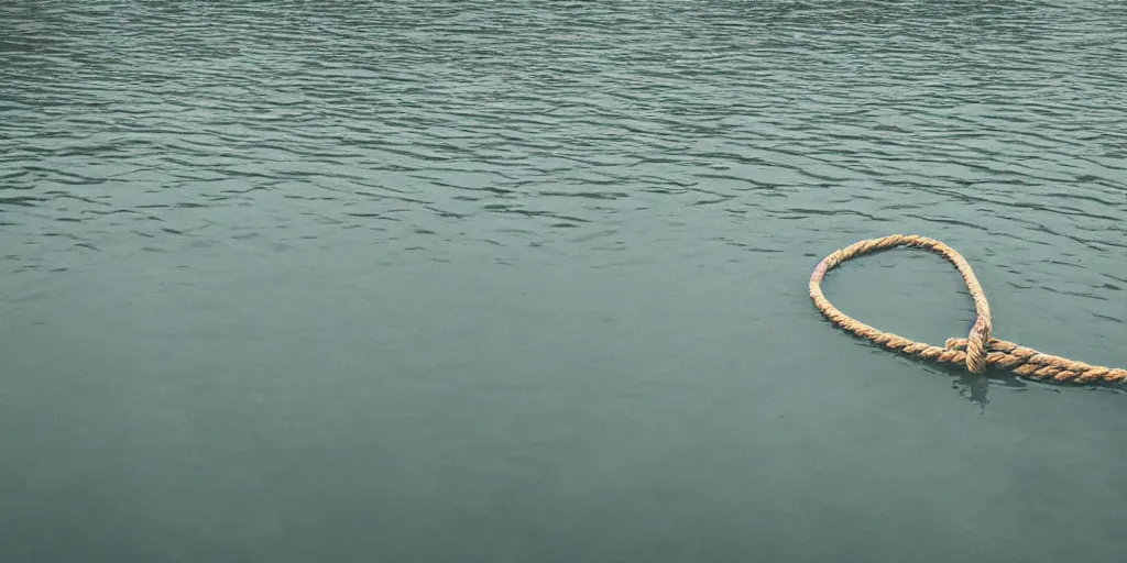 Image similar to an infinitely long rope floating to surface of water snaking zig zag in the center of the lake, overcast lake, 2 4 mm leica anamorphic lens, moody scene, stunning composition, hyper detailed, color kodak film stock