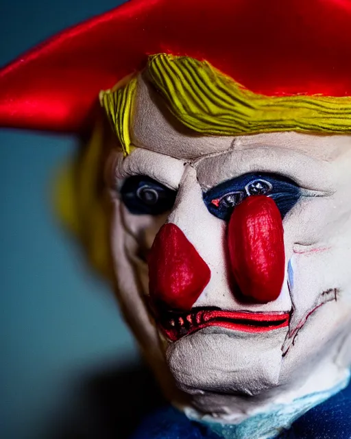 Image similar to a creepy paper mache doll of a scary clown donald trump, realistic, very detailed, complex, intricate, studio lighting, bokeh, sigma 5 0 mm f 1. 4