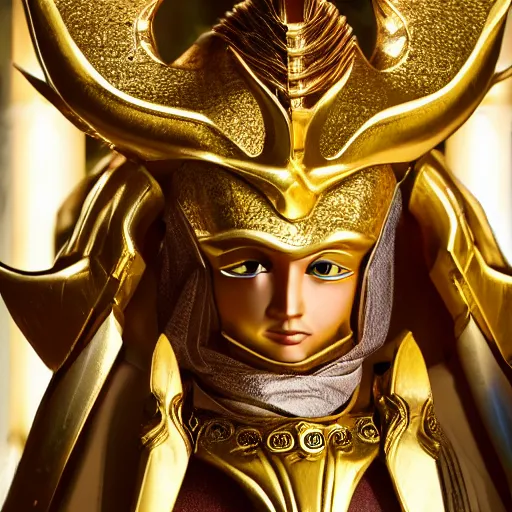 Image similar to A radiant, extreme long shot, photo of a 27-year-old Caucasian male wearing the Capricorn Gold Armor, Beautiful gold Saint, Jaw-Dropping Beauty, gracious, aesthetically pleasing, dramatic eyes, intense stare, immense cosmic aura, from Knights of the Zodiac Saint Seiya, inside the Old Temple of Athena Greece,4k high resolution, Detailed photo, Photoshopped, Award Winning Photo, Deep depth of field, f/22, 35mm, make all elements sharp, at golden hour, Light Academia aesthetic, Socialist realism, by Annie Leibovitz