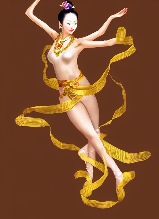 Image similar to full body portrait of a dancer throwing silk belts, feet, barefoot, full body, slightly tanned, vivacious, extremely beautiful, gold jewelry, hanfu, chinese ribbon dance, wide ribbons, silk belt, ming dynasty, detailed, realistic face, anatomically accurate, fantasy illustration, dnd, artstation, wlop.