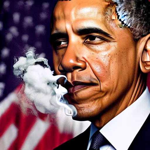 Prompt: barack obama exhaling a large smoke cloud, award winning professional portrait photography