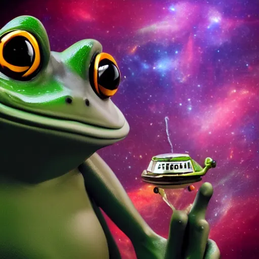 Image similar to frog in a space ship and smoking in the background you can see the universe, 4k, studio lighting by Daniel F. Gethartz, detailed