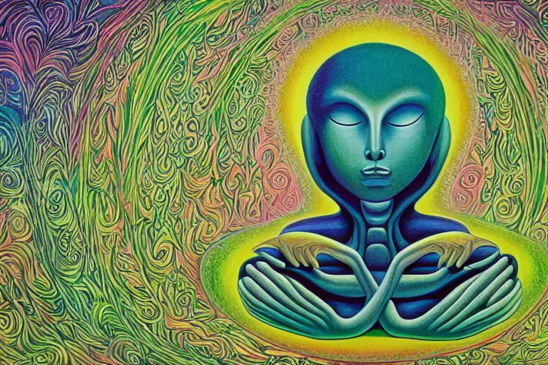 Prompt: painting of a tranquil alien meditating in lush forest by alex grey, acrylic art, ethereal, soothing, somber, elegant, soft light,