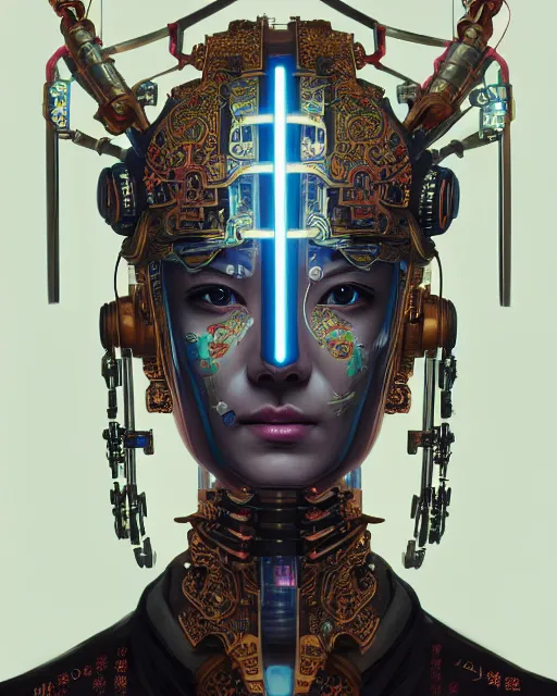 Image similar to portrait of a cyberpunk machine, machine face, upper half portrait, decorated with chinese opera motifs, asian, fine china, traditional chinese art, intricate, elegant, highly detailed, symmetry, headpiece, digital painting, artstation, concept art, smooth, sharp focus, illustration, art by artgerm and greg rutkowski and alphonse mucha, 8 k