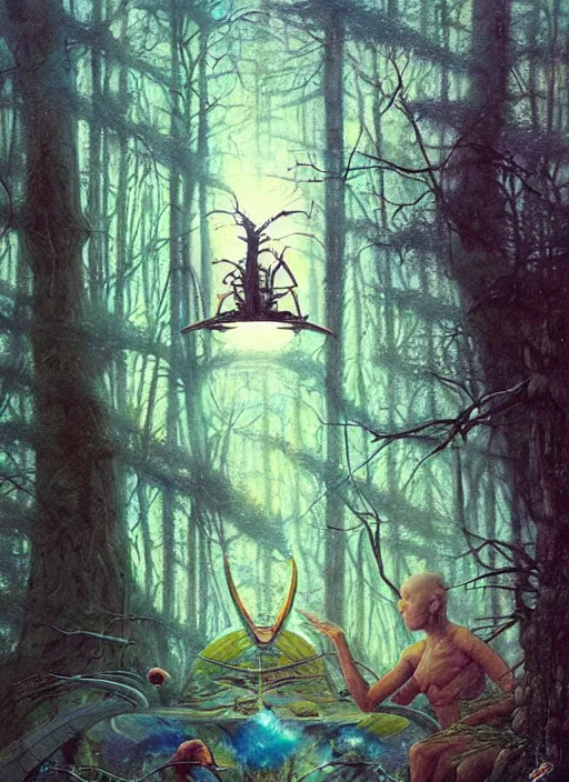 Image similar to hyper realistic spaceship in the woods by a river gorgeous lighting, lush forest foliage blue sky a hyper realistic painting by chiara bautista and beksinski and norman rockwell and greg rutkowski, weta studio, and lucasfilm