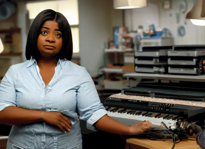 Image similar to cinematic shot of octavia spencer in an small used electronics store hands on an old electronic keyboard, iconic scene from the paranoid thriller sci fi film directed by pt anderson, anamorphic lensesy, beautiful composition, moody cinematography, overhead lighting, color theory, leading lines, photorealistic, volumetric lighting, hyper detailed 4 k image,