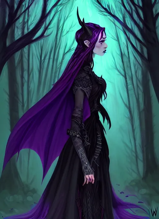 Prompt: side portrait dark witch, adventurer outfit large cloak, fantasy forest landscape, dragon scales, fantasy magic, undercut hairstyle, short purple black fade hair!!!!!!, dark light night, intricate, elegant, sharp focus, illustration, highly detailed!!!!!!!, digital painting, concept art, green neon smoke, matte painting, art by WLOP and Artgerm and Greg Rutkowski and Alphonse Mucha, masterpiece