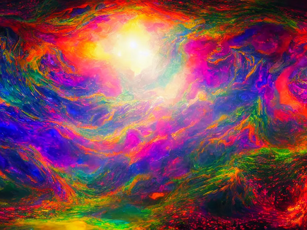 Prompt: epic overdetailed maximalist visionary fineart landscape painting by randal roberts + morgan mandala + krystaleyez + sweet melis. transdimensional, ethereal, cosmic connection, organic and cosmic. dynamic. awesome 8 k realistic render. beautiful bright shiny irridescent translucent. slightly influenced by fractal geometry.